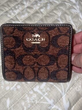 Coach Brown Monogram Compact Wallet with Gold Logo